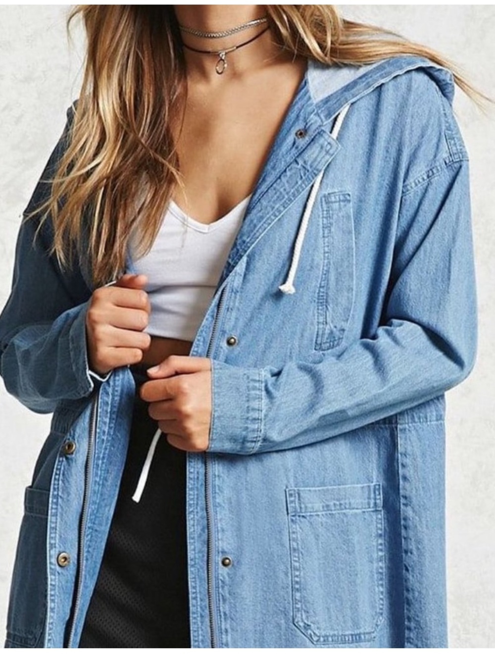 Forever 21 Hooded Denim Utility Skateboarding Jacket with Frayed Hem